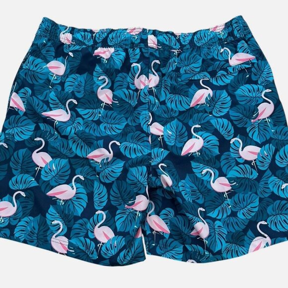 Men's Large Teal Flamingo Vacation Resort Swimming Lined Drawstring Trunk Shorts - Picture 3 of 5